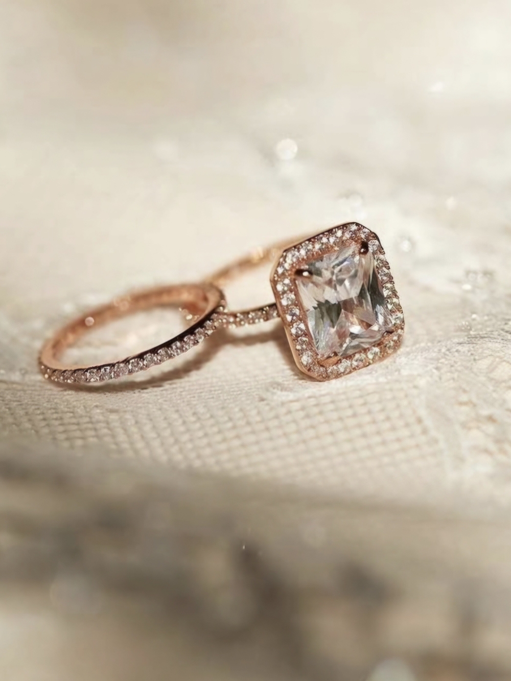 Rose Gold Halo Cushion-Cut Wedding Ring Set - Women Jewelry